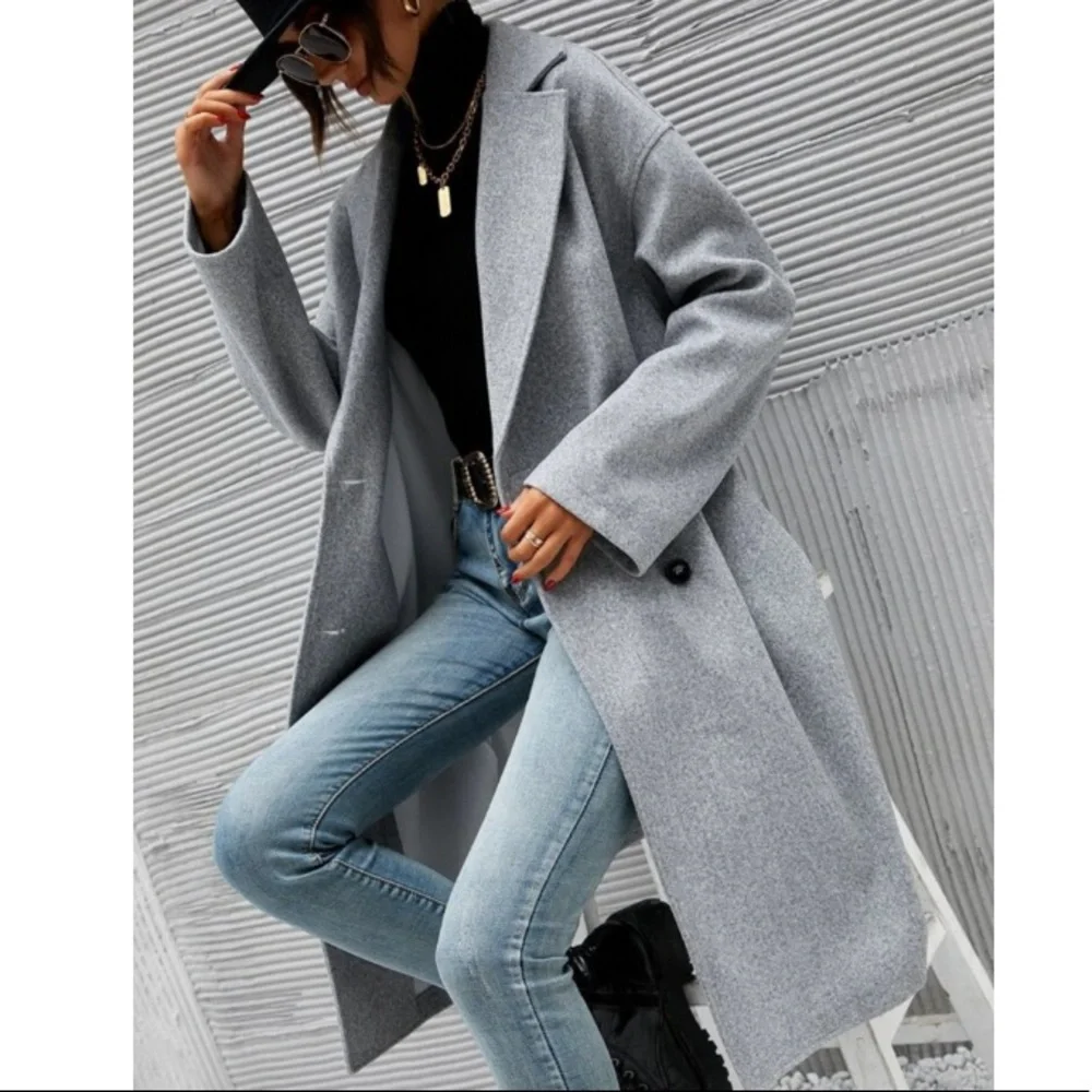 Lapel collar double breasted trench pea coat gray